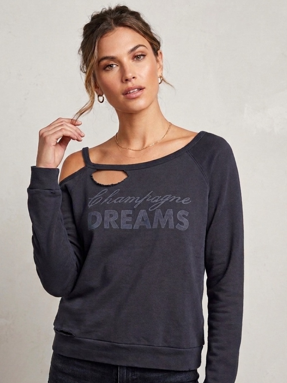 Chaser Black Champagne Dreams Distressed Cutout Sweatshirt Raw Edge- Sz S